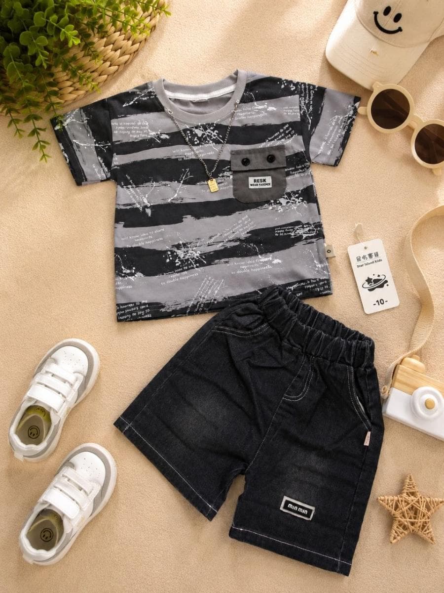 2-Piece Graphic Tee & Faded Denim Short